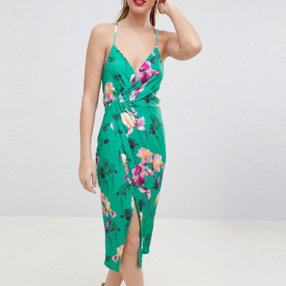 green floral midi wrap dress